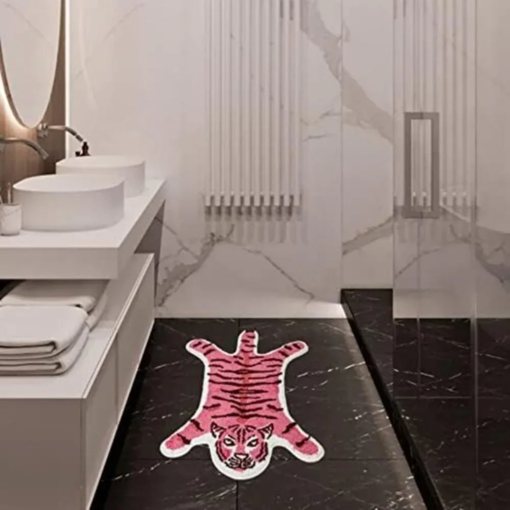 New Funny Tiger Bath Mat, Cute Pink Cartoon Non-Slip Bathroom Rug for Decor
